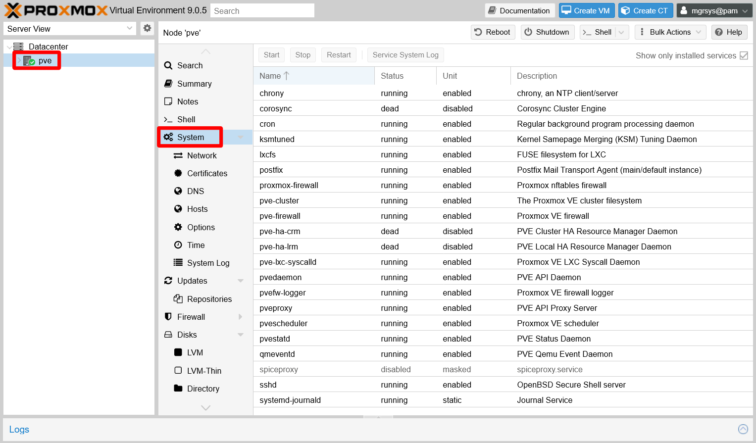 PVE web console’s System view