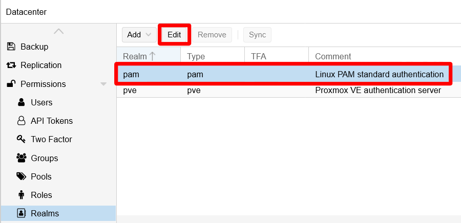 Edit button enabled for the selected PAM realm