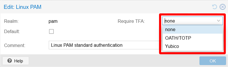 Require TFA options list in the Linux PAM realm’s edit window