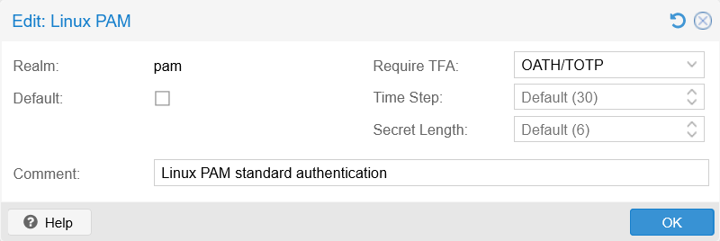 TOTP chosen for pam realm as TFA in the Linux PAM realm’s edit window
