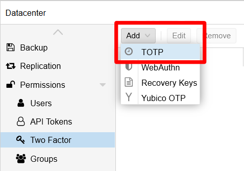 TOTP option chosen in Two Factor page’s Add menu