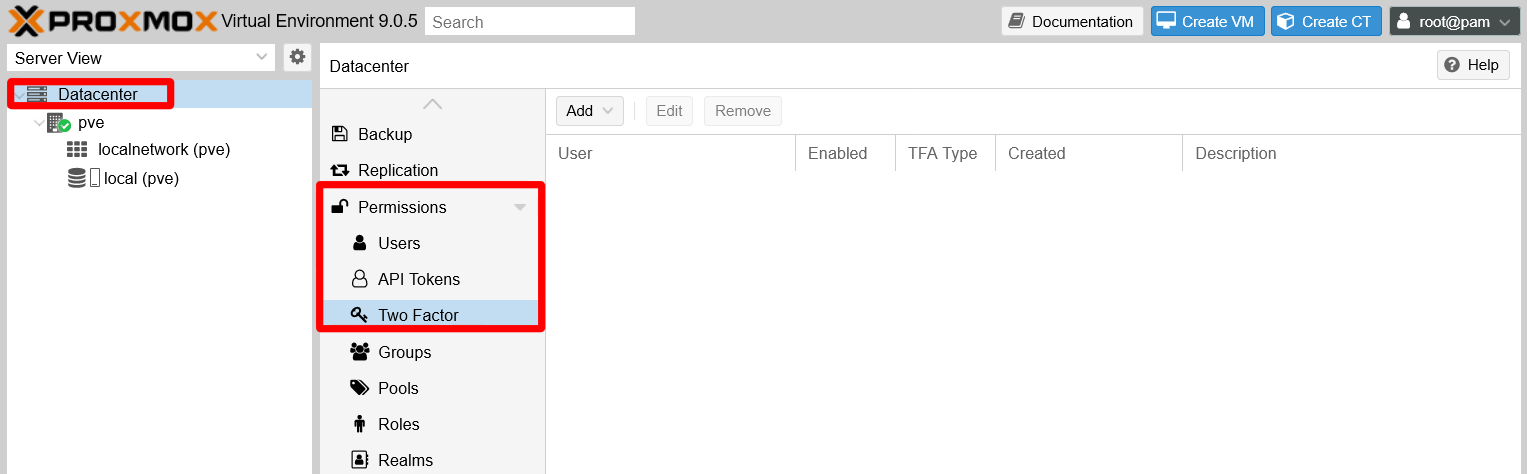 Two Factor feature page at Datacenter\Permissions level