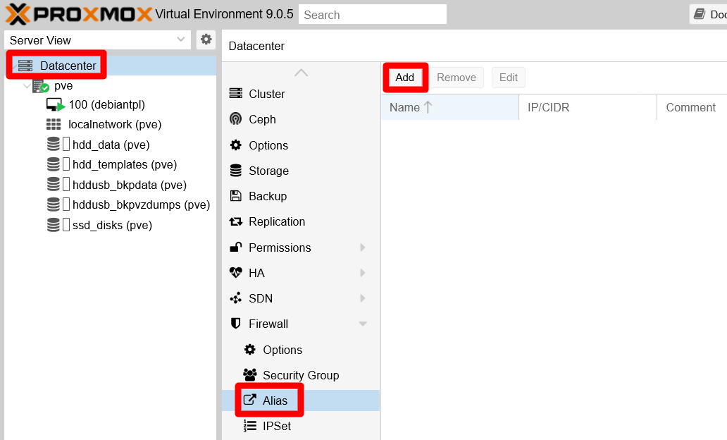 Datacenter Firewall Alias empty screen