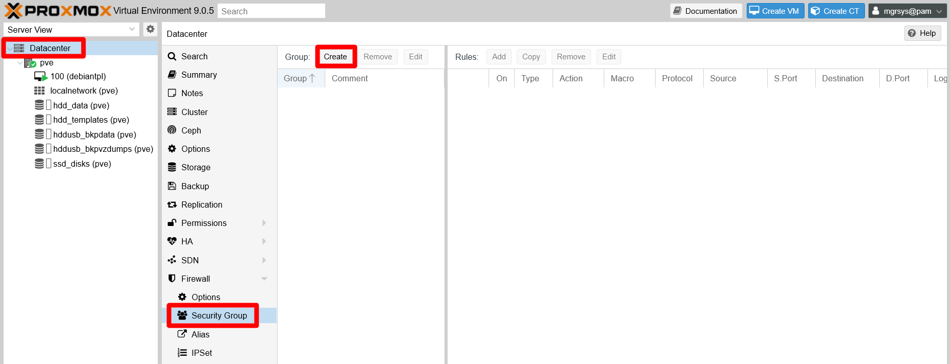 Datacenter Firewall Security Group screen