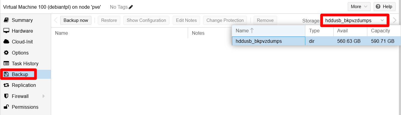 VM template’s Backup view
