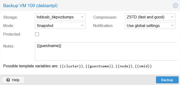 Editor window for a new backup of the VM