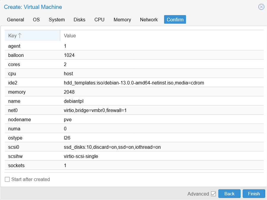 Confirm tab at Create VM window