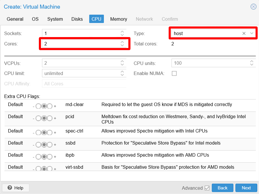 CPU tab filled at Create VM window