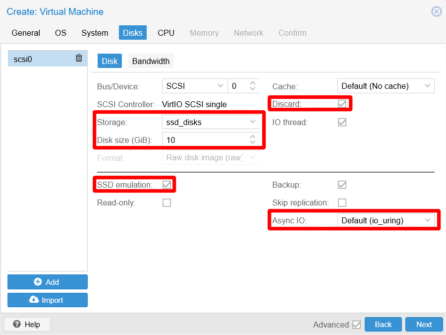 Disks tab filled at Create VM window