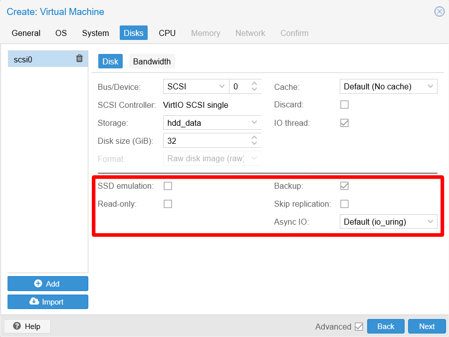 Disks tab unfilled advanced options
