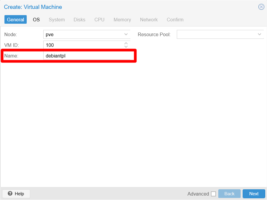 General tab filled at Create VM window