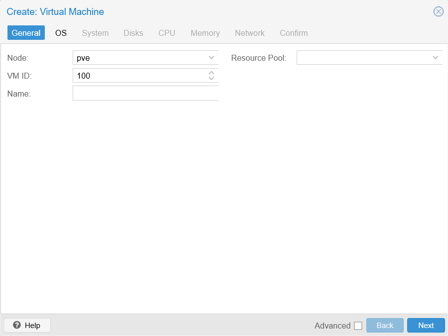 General tab unfilled at Create VM window