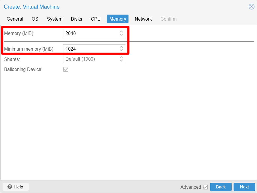 Memory tab filled at Create VM window