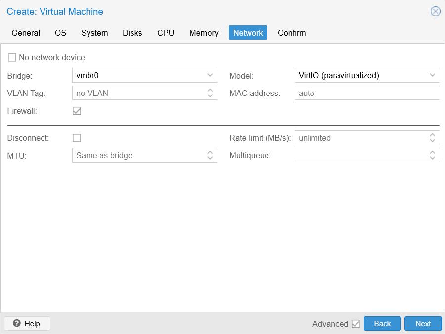 Network tab default at Create VM window
