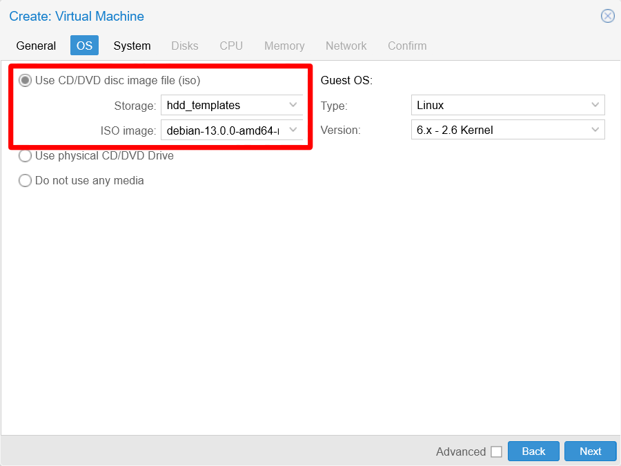 OS tab filled at Create VM window