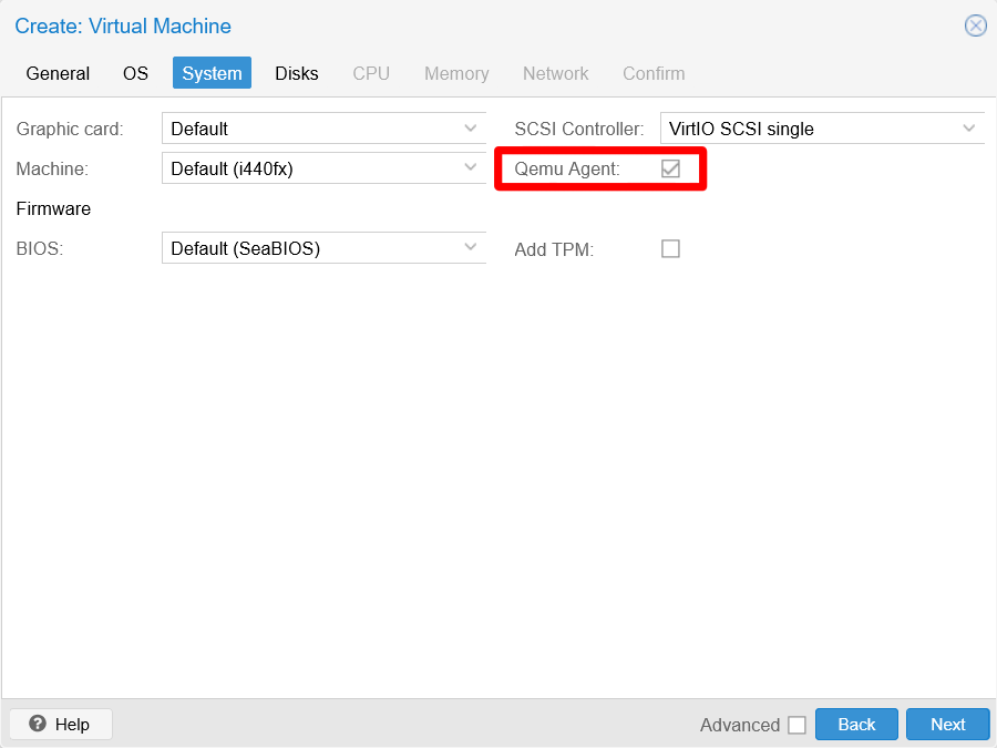 System tab filled at Create VM window