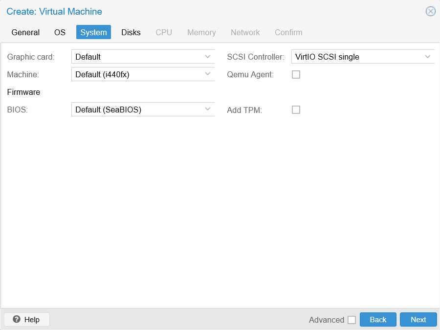 System tab unfilled at Create VM window