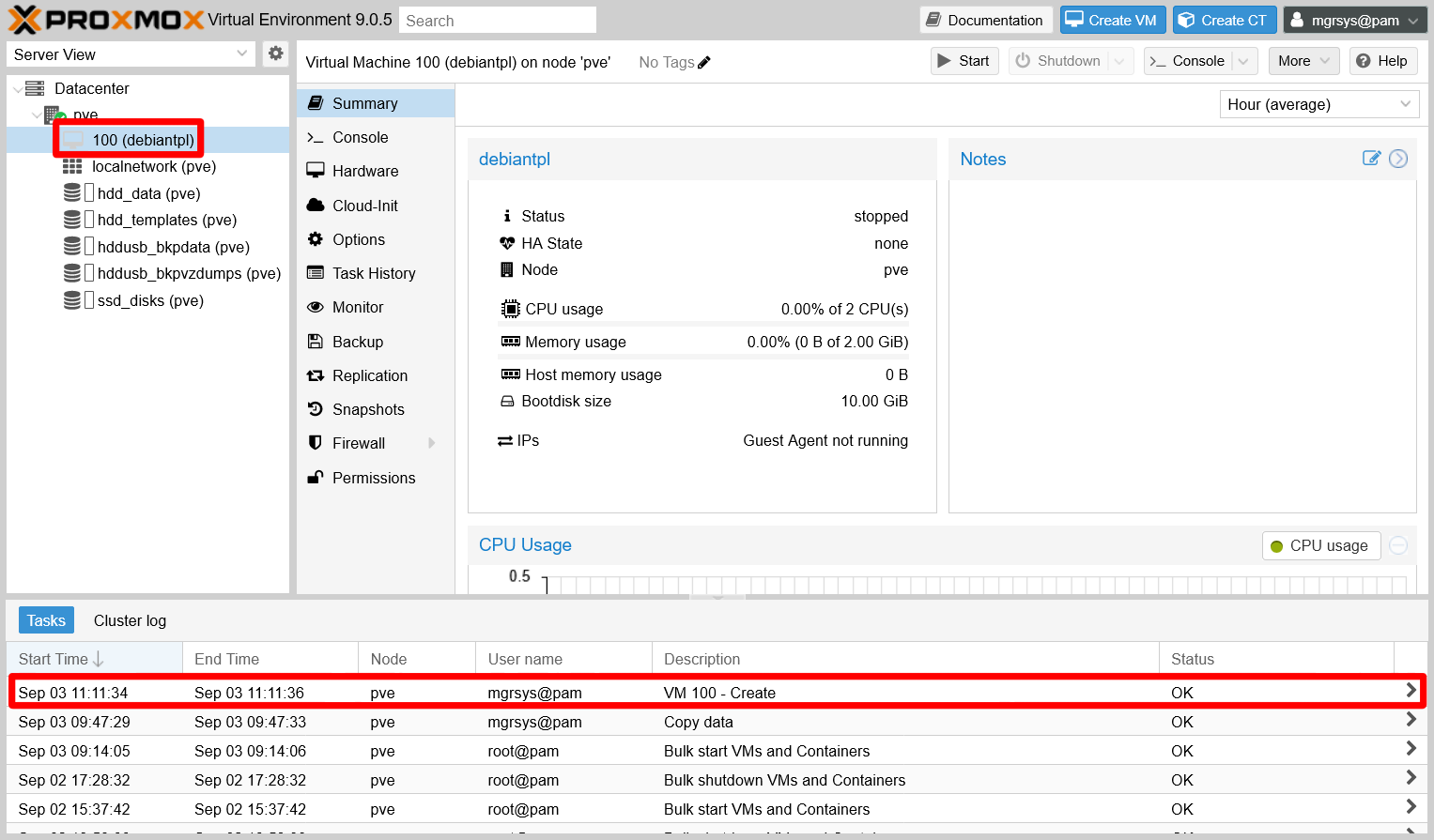 VM creation on Tasks log
