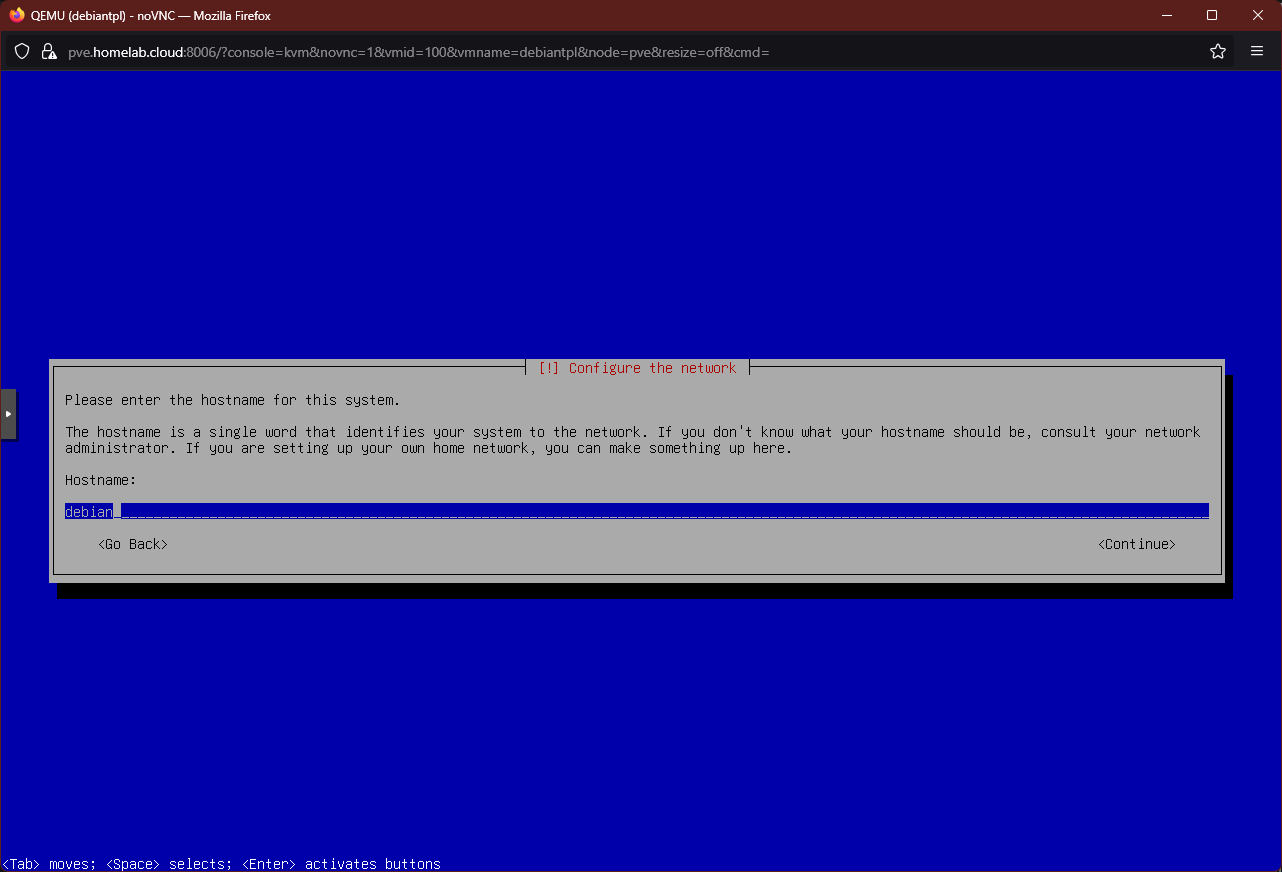 Hostname input screen