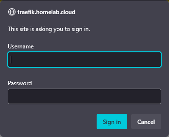 Traefik dashboard window for basic authentication