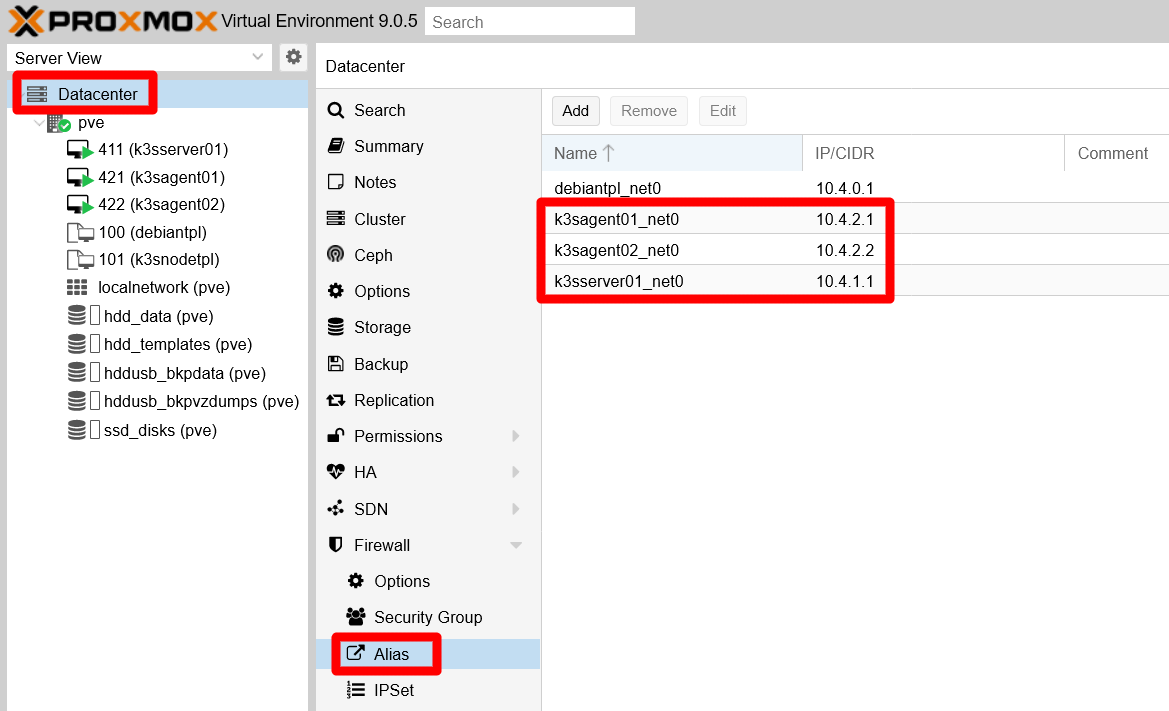 Alias created for VMs net0 IPs at Datacenter Firewall