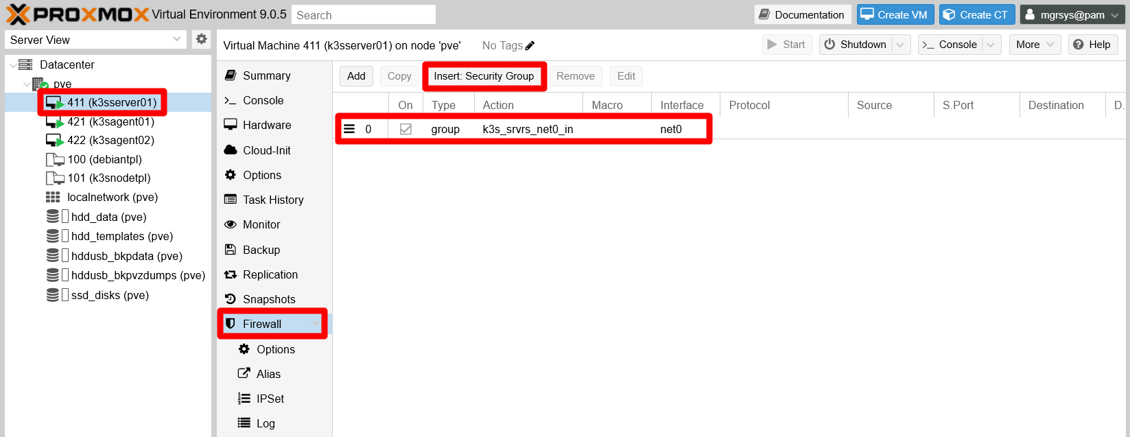 Inserted security group to k3sserver01 node and applied to net0 NIC