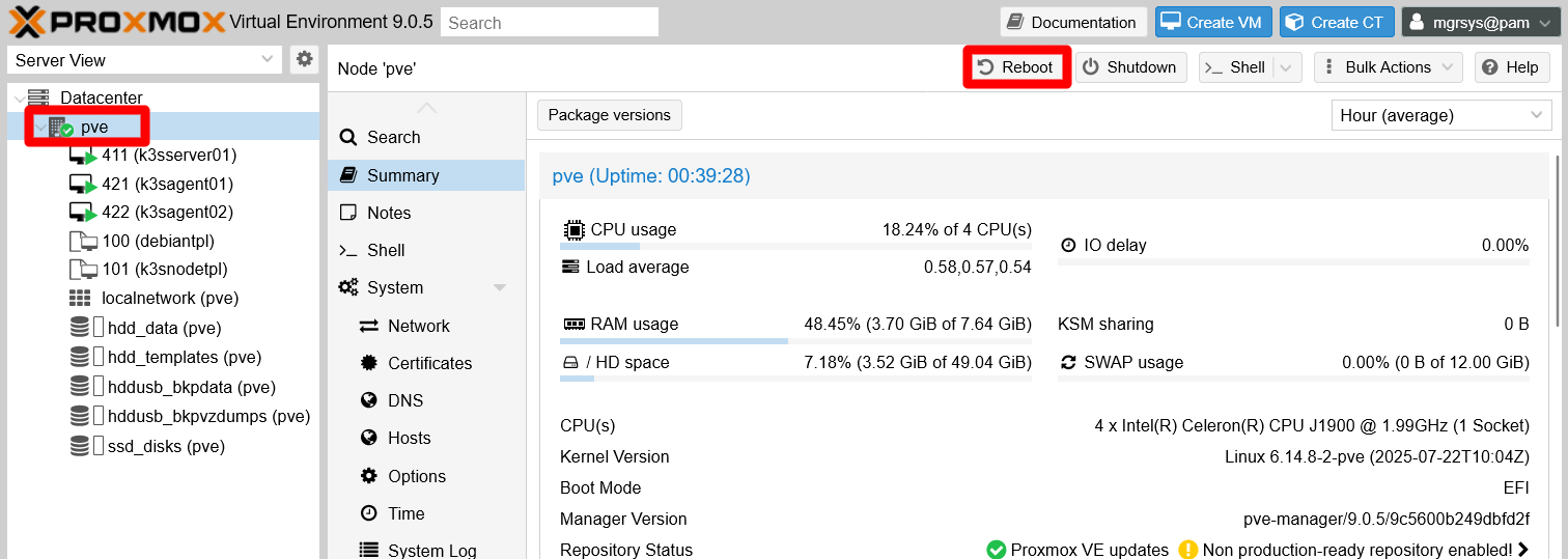 Reboot button of the PVE node