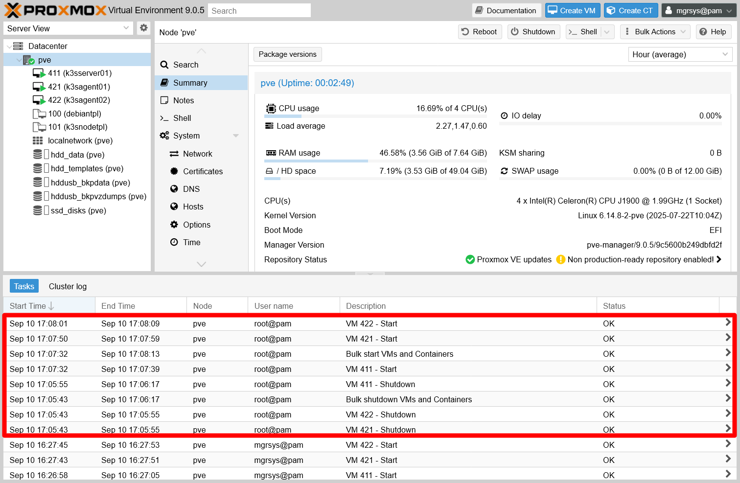 VM start and shutdown tasks at log console