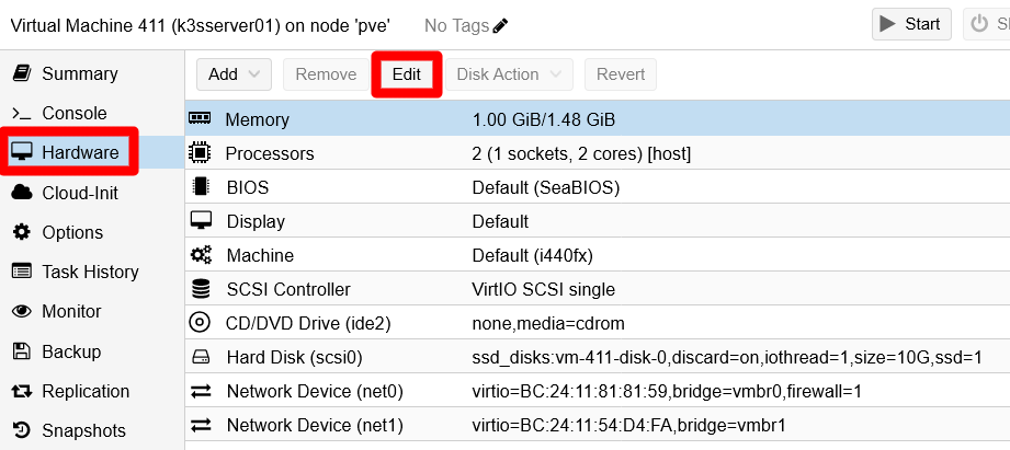 Hardware tab of the K3s server node VM