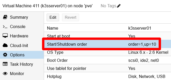 Start and shutdown options changed for k3sserver01 VM