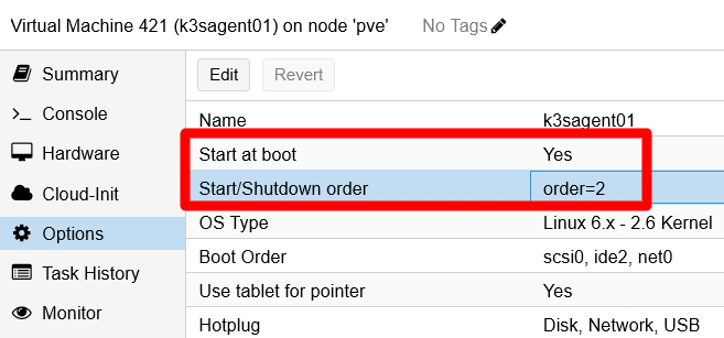 Start and shutdown options changed for k3sagent01 VM