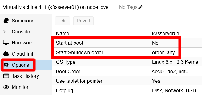 Start and shutdown options at VM Options page