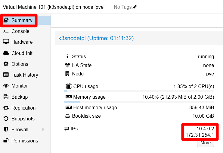 K3s node VM’s IPs highlighted in Summary view
