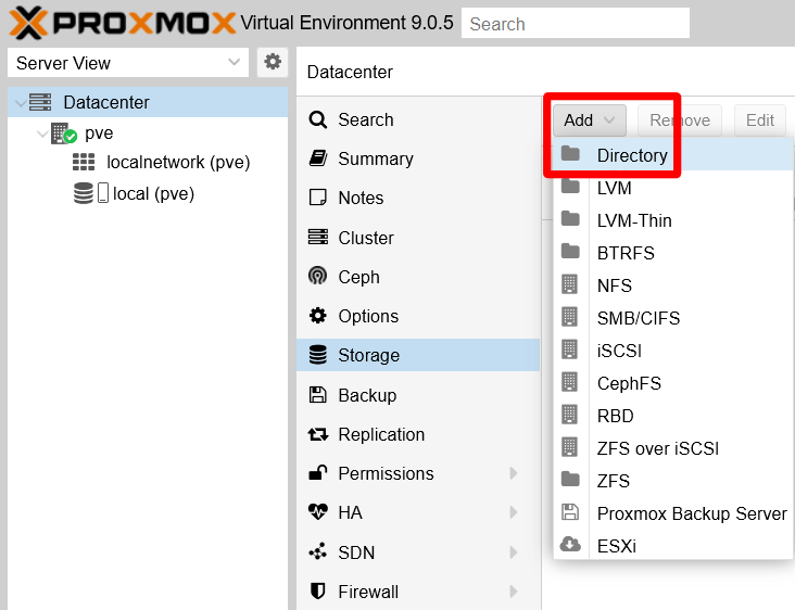 Choosing directory in the list of supported storages