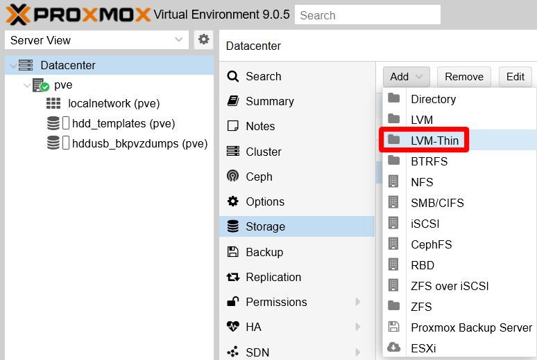 Choosing the LVM-Thin storage option