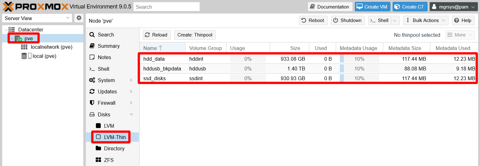 Thinpools detected in pve node