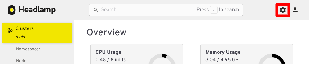 Settings button at the header menu of Headlamp