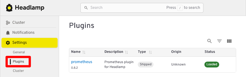 Plugins list in the Headlamp settings