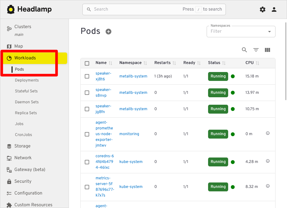 All pods in cluster listed in Workloads Pods section of Headlamp
