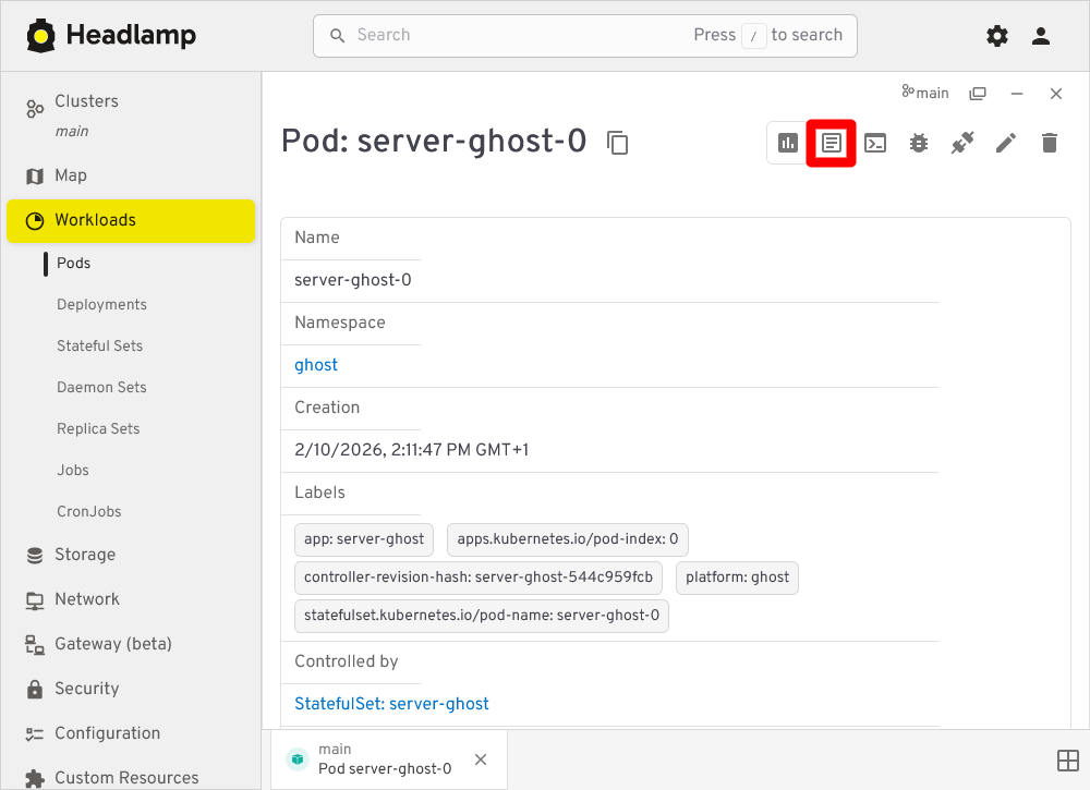 Detail view of the Ghost server pod shown in the Workloads Pods section of Headlamp