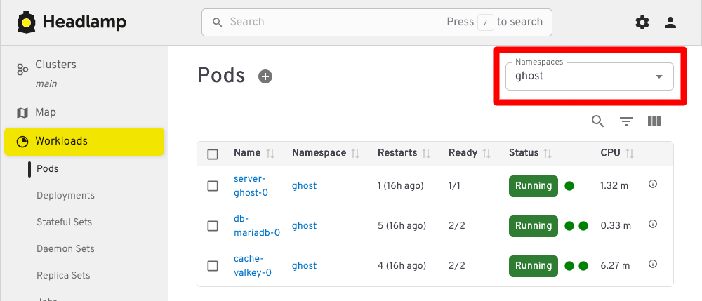 Only Ghost pods listed in Workloads Pods section of Headlamp