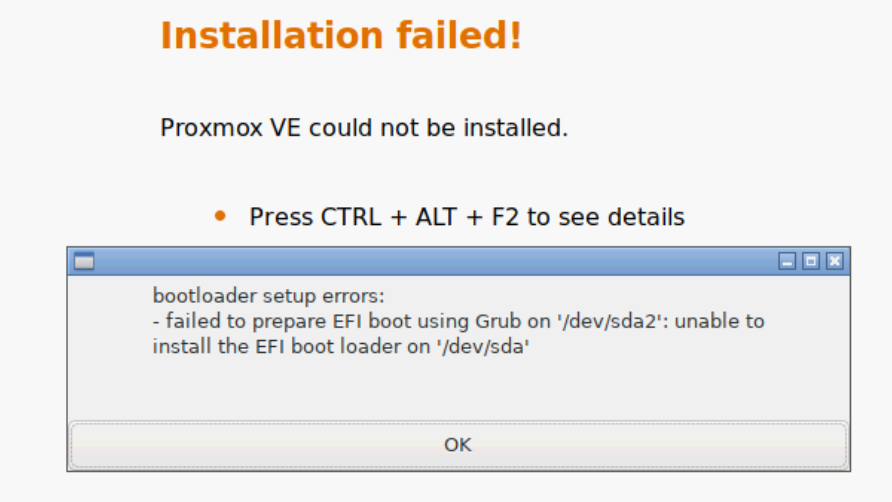 Proxmox VE installer EFI bootloader setup error