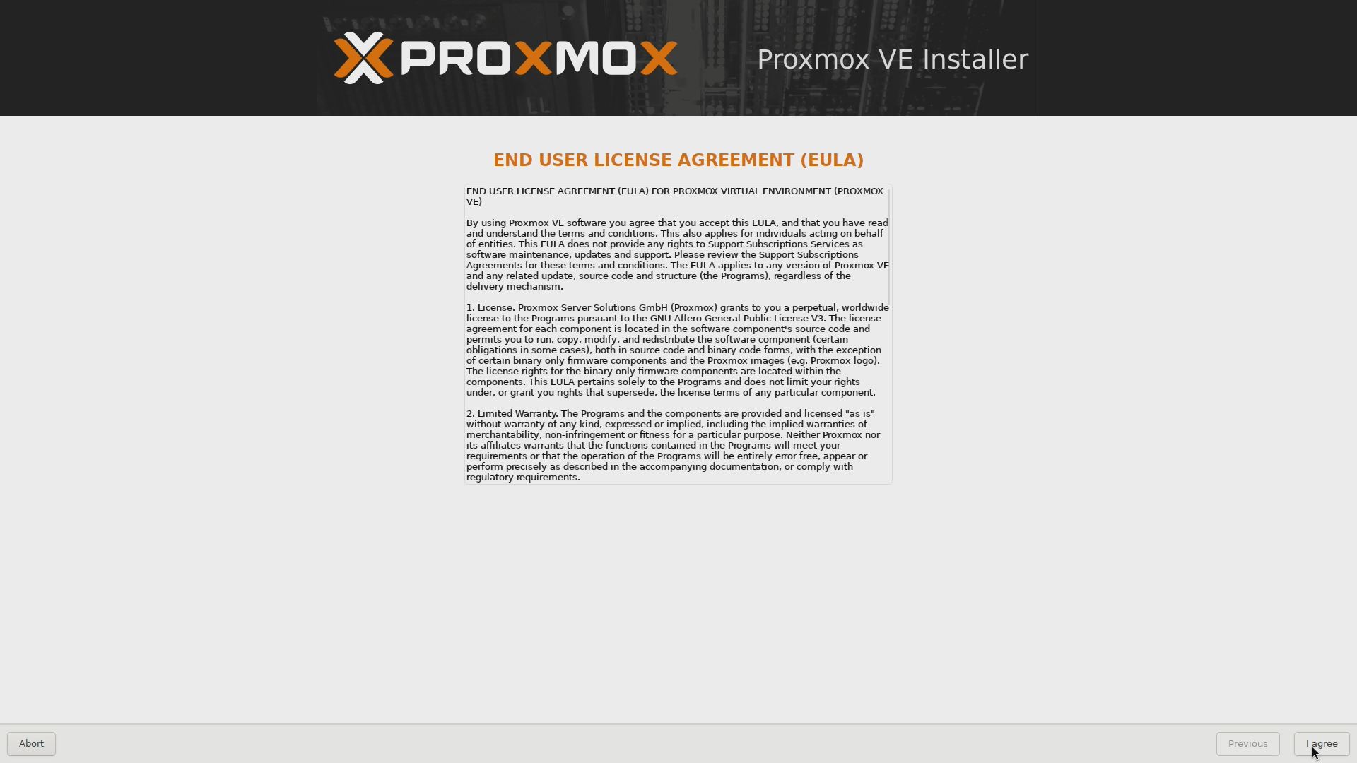 Proxmox VE installer EULA screen