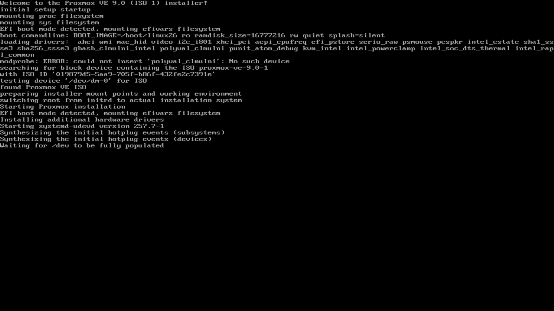 Proxmox VE installer initial shell loading screen