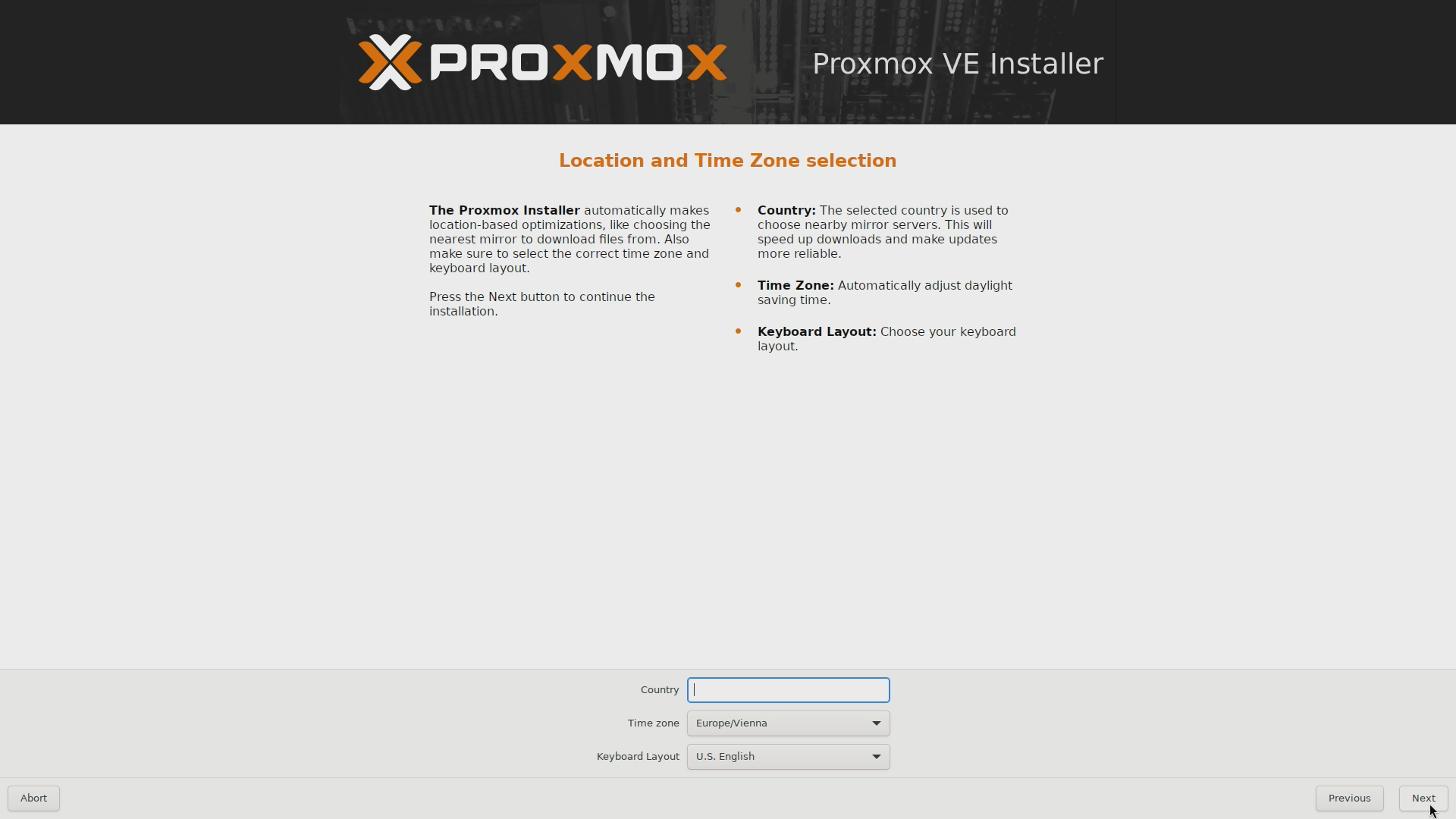 Proxmox VE installer Localization and time zone 