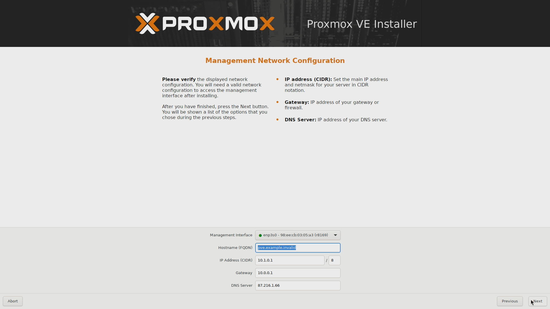 Proxmox VE installer Management network configuration