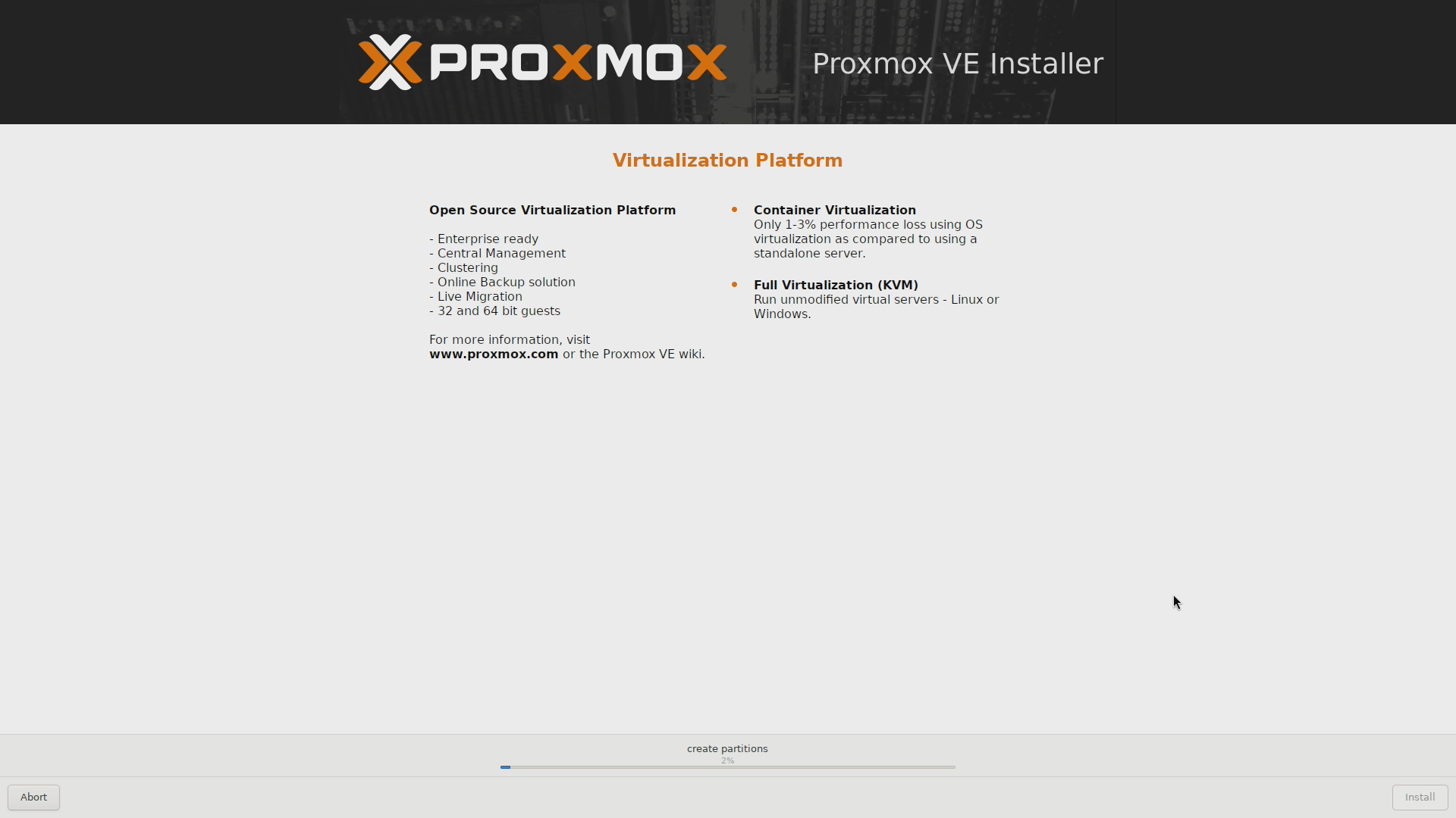 Proxmox VE installer progress screen partitioning