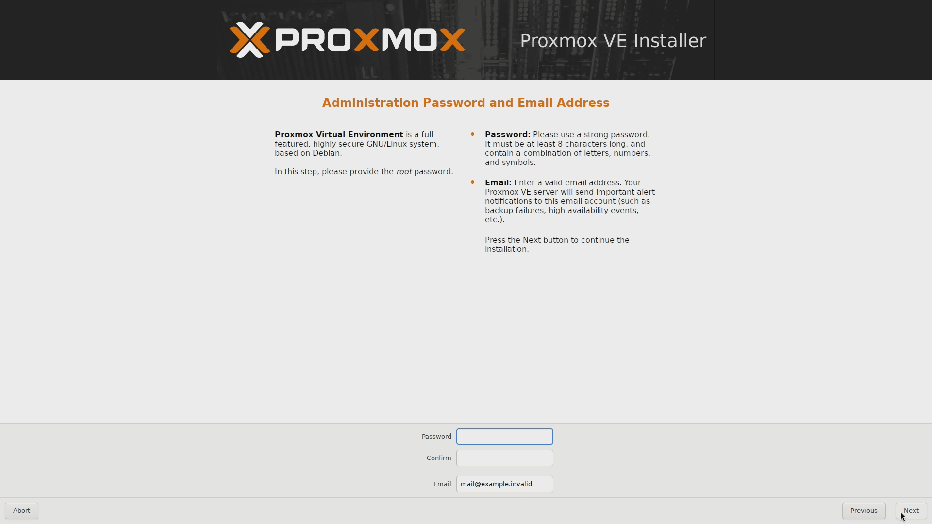 Proxmox VE installer Root password and email address
