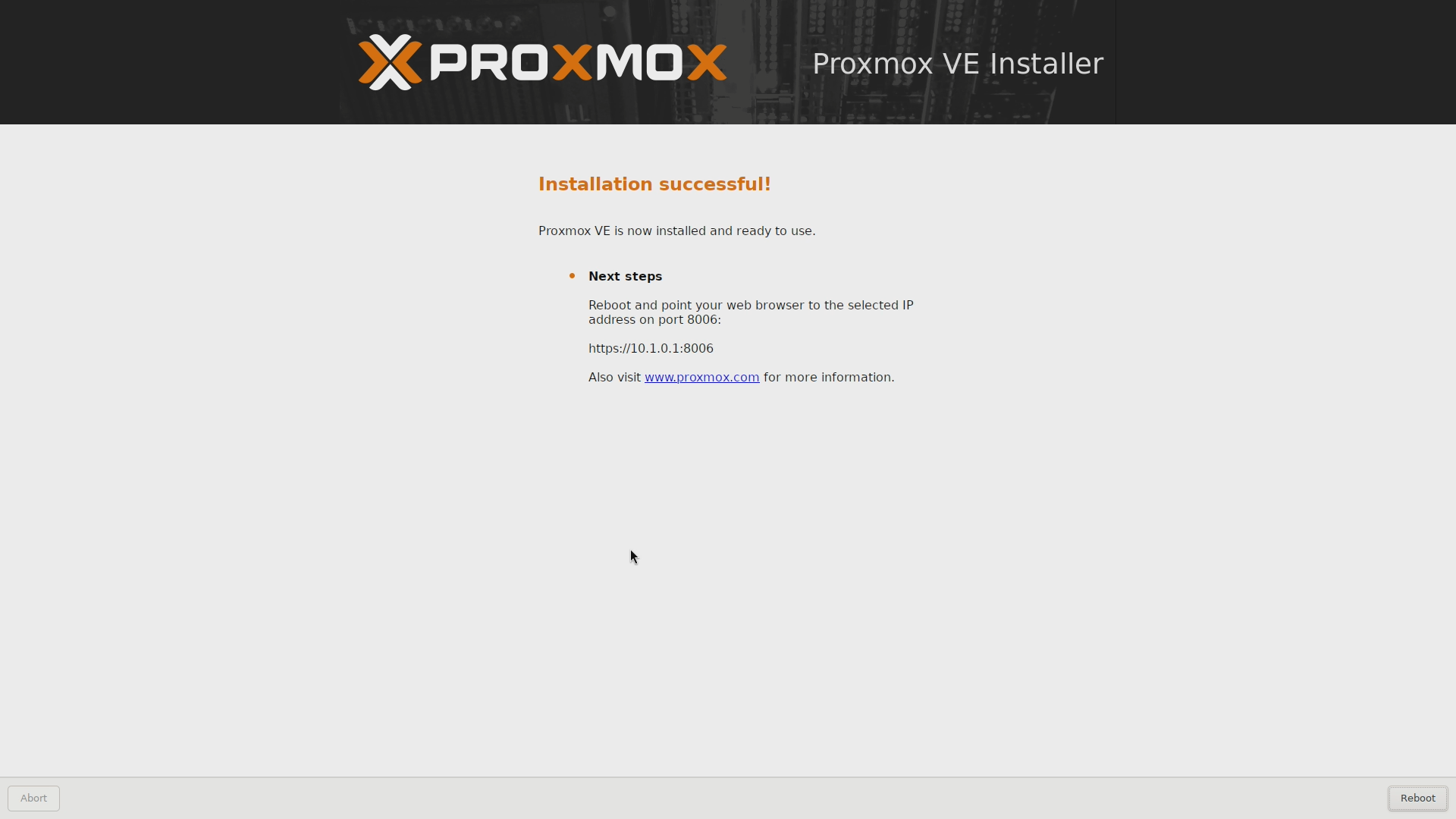 Proxmox VE installer Installation successful screen