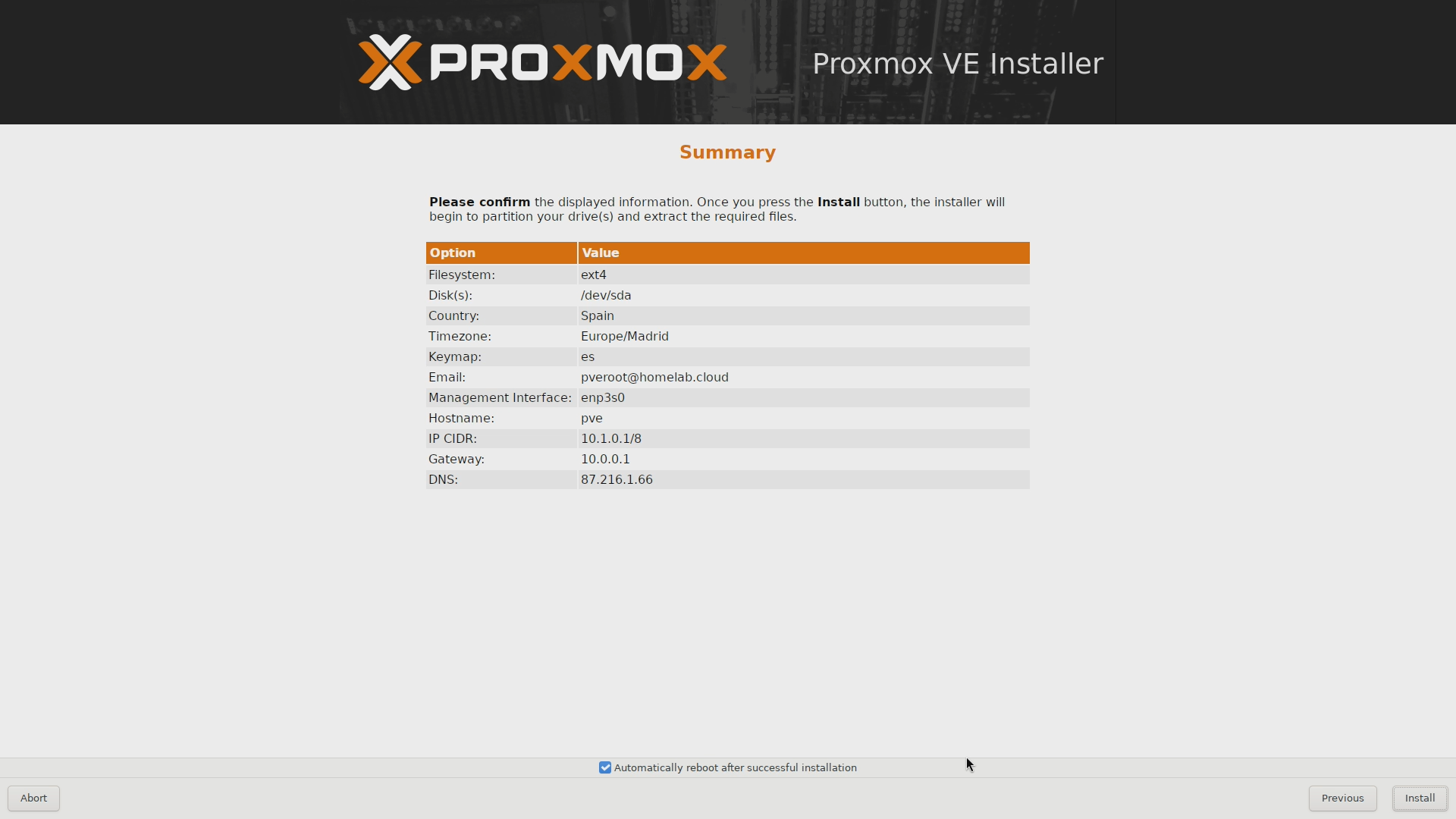 Proxmox VE installer Summary screen